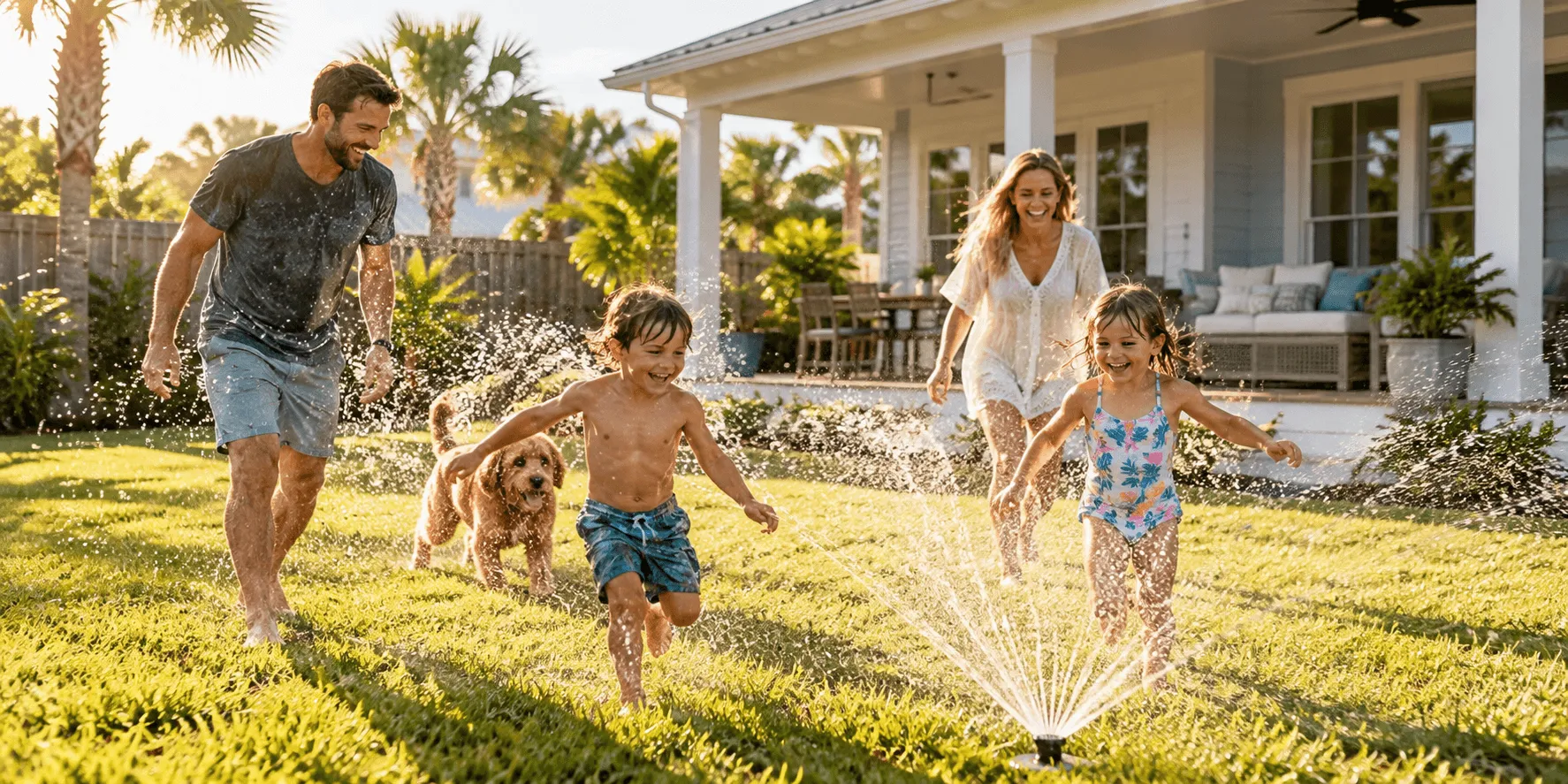 A family with two children and a dog running through a sprinkler on the lawn in front of a coastal-style home