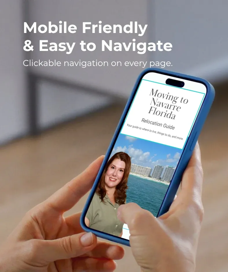 The Moving to Navarre Florida Relocation Guide open on a phone. Mobile friendly and easy to navigate, with clickable navigation on every page.