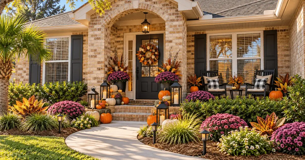 A brick Florida home with a front porch decorated for fall with pumpkins, mums, lanterns and a wreath
