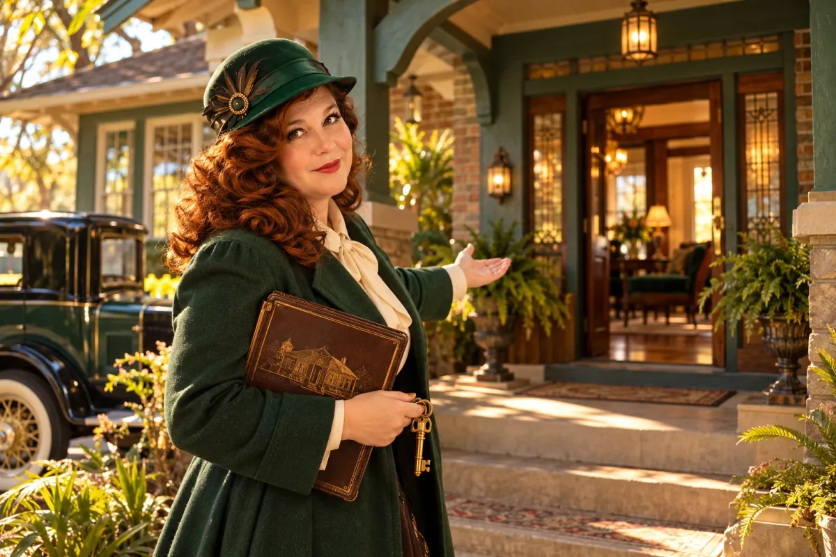 Leah dressed as a 1920s real estate agent in a green hat and coat, holding a brass key and welcoming you toward the front door of a craftsman home