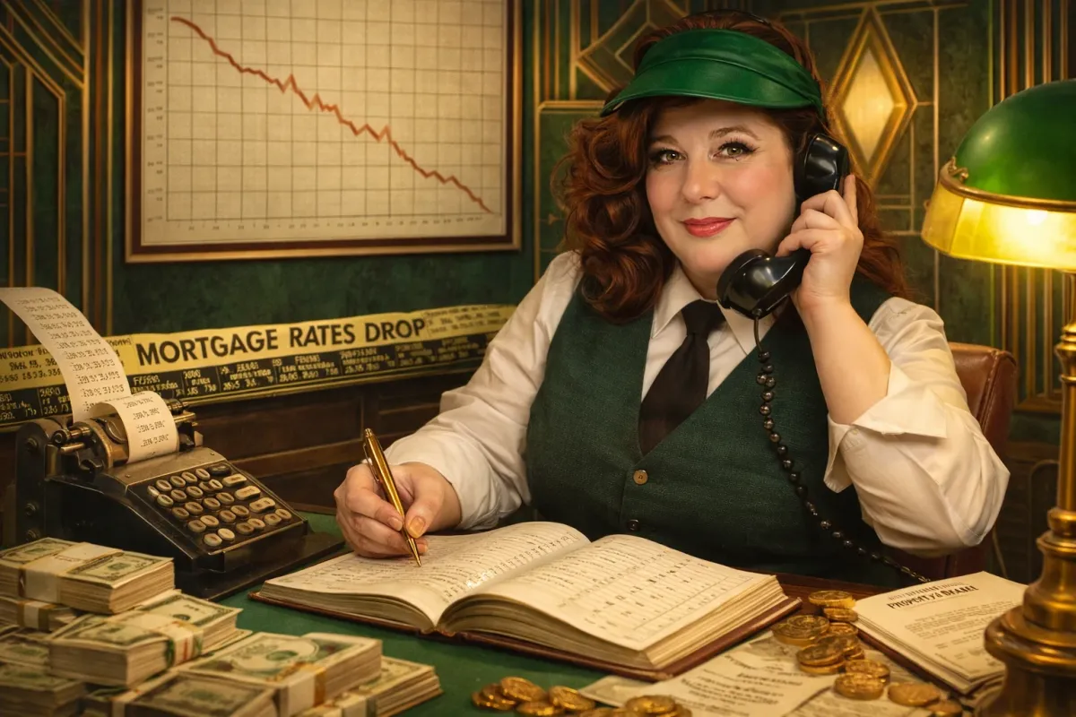 Leah dressed as a 1920s banker in a green visor and vest, talking on a vintage telephone at a desk with a ledger