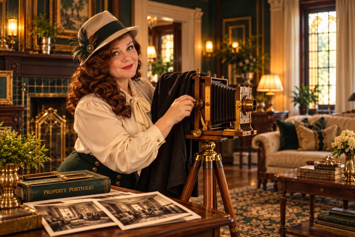 Leah dressed as a 1920s listing agent in a cream blouse and feathered hat, photographing a grand parlor with a vintage view camera on a wooden tripod