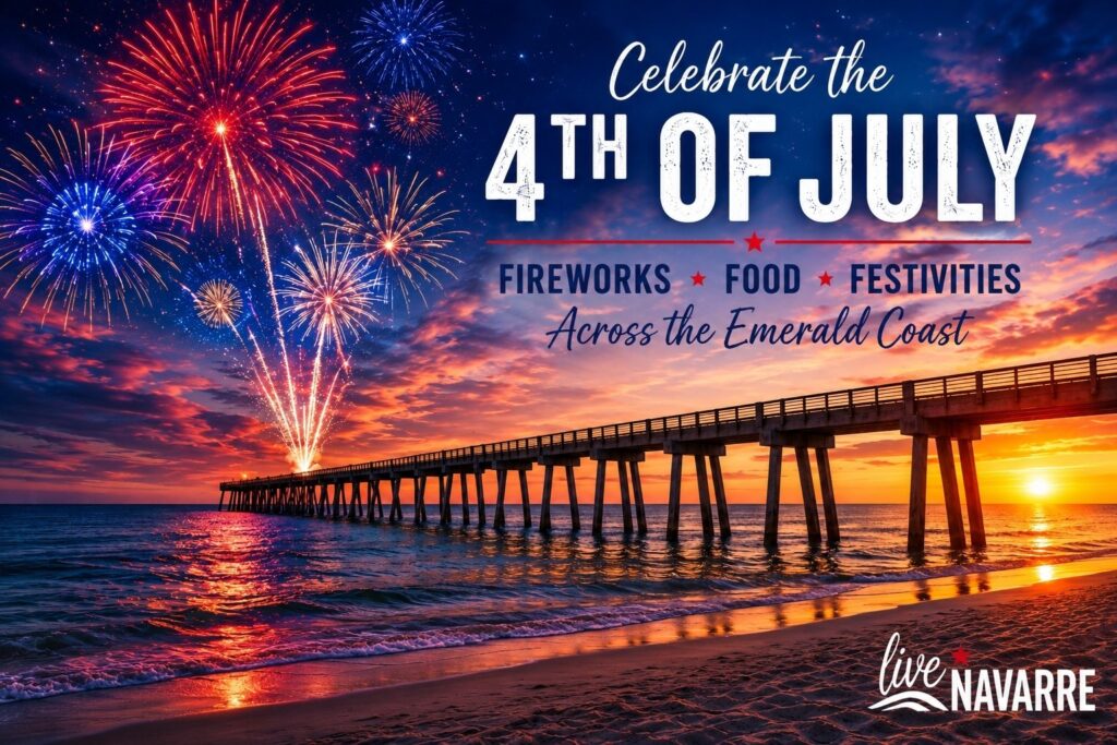 Fireworks over the Navarre Beach Fishing Pier celebrating the Fourth of July on Florida's Emerald Coast.