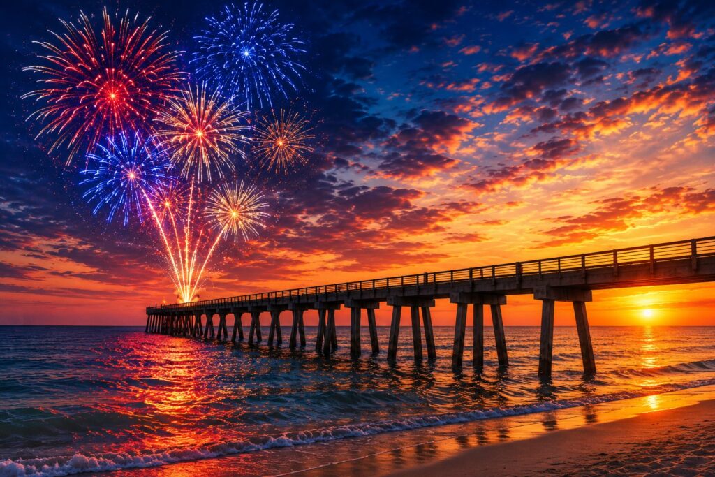 Fireworks over Navarre Beach Fishing Pier