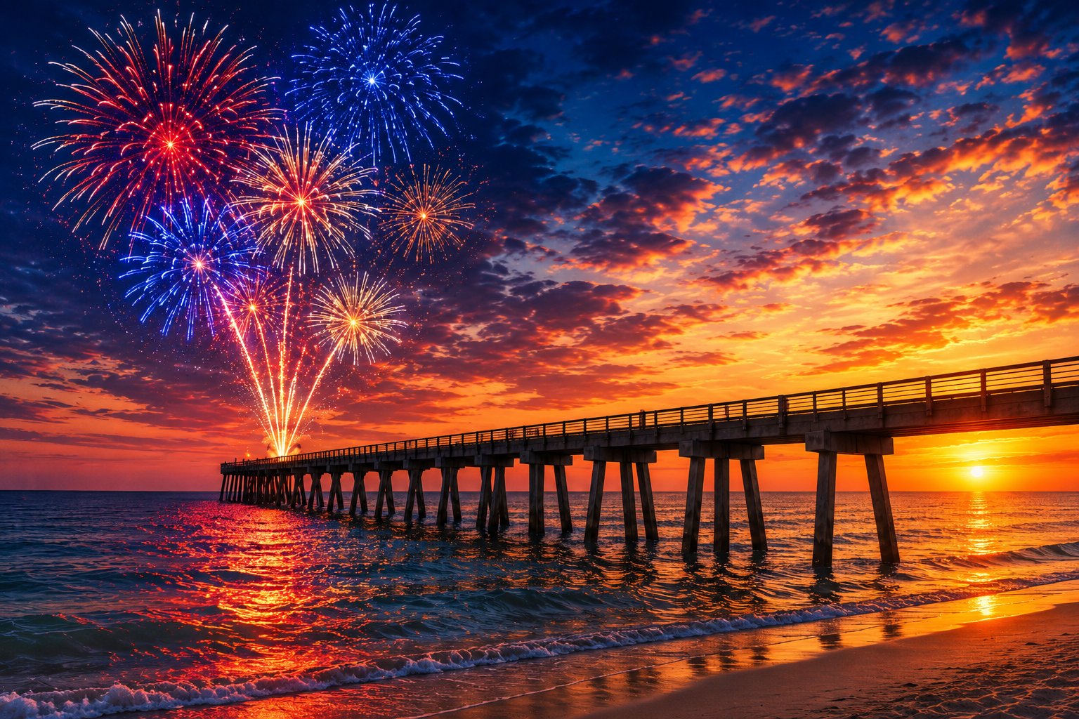 Fireworks over Navarre Beach Fishing Pier