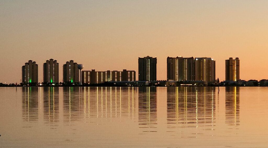 Navarre Beach at sunset, viewed across Santa Rosa Sound