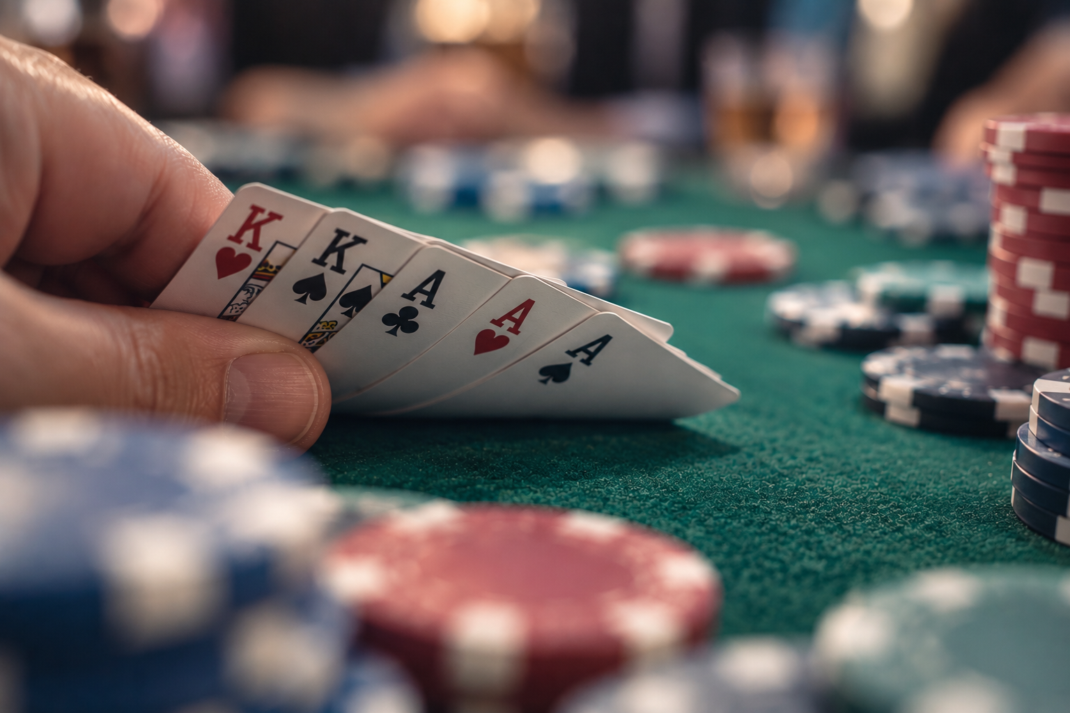A player privately looks at a full house of three aces and two kings at a poker table.