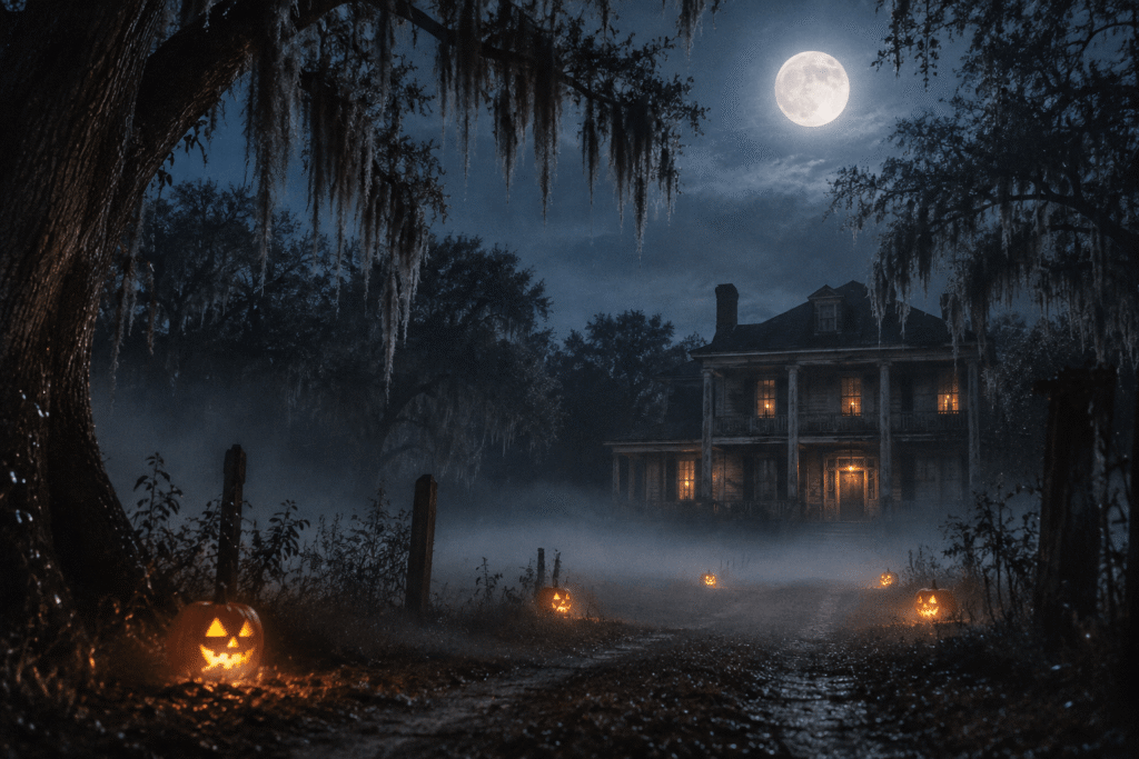 Fog-shrouded old farmhouse at night under a full moon, glowing jack-o-lanterns lining the path — Halloween near Navarre, Florida